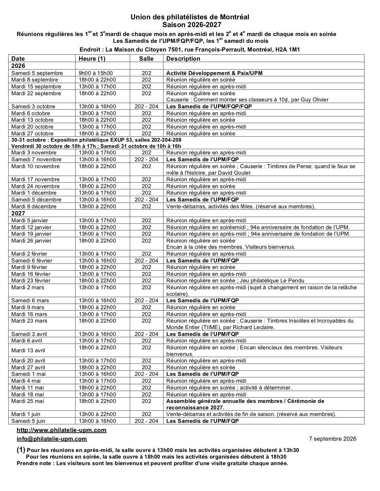 Calendrier des membres UPM 2026-2027